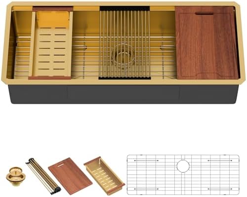 Lordear Luxury 45 Inch Gold Undermount Kitchen Sink Large Ledge Workstation T304 16 Gauge Stainless Steel Single Bowl Under Counter Gold Kitchen Sink with Built-in Accessories 45''x19''x10'' by LORDEAR