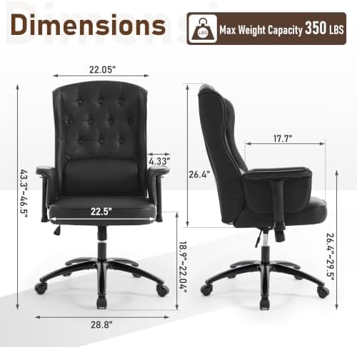 DYHOME Vintage Office Chair Wingback Black Leather Executive Desk Chair - Image 2