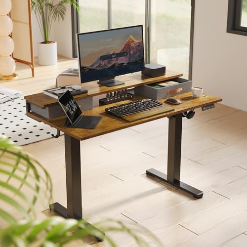 Seang Electric Standing Desk with 2 Drawers, 55 Inch, Rustic Brown - Image 2