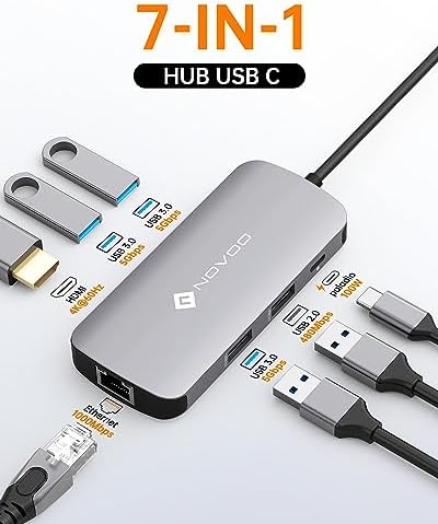 NOVOO USB C Hub Ethernet 4K@60 USB C HDMI Adapter Multiport Type C Adapter 4 USB 3.0 & USB2.0 Dongle 100W PD Dock Docking Station for MacBook Pro Air Apple iPad Pro Steam Deck Dell HP Lenovo 7-in-1 - Image 2