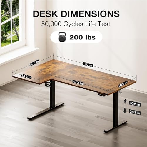 Muvai 71" L Shaped Standing Desk with Cable Tray, Reversible,Rustic Brown - Image 3