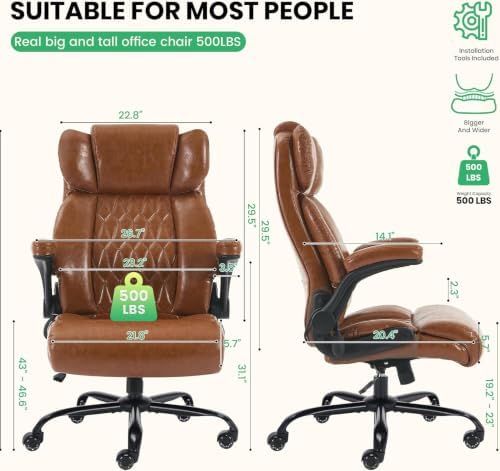 500lbs Big and Tall Office Chair Adjustable Lumbar Support for Back Pain, Extra Wide Seat Executive Office Chair Thick Armrest Pad, Heavy Duty Base&Upgraded Wheels, Ergonomic Desk Chair - Image 3