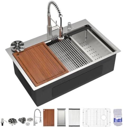 Dcolora 33" Drop In Stainless Steel Kitchen Sink Workstation with Faucet by Dcolora