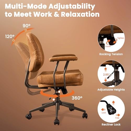 Leather Home Office Chair, Mid Back Ergonomic Desk Chair with Lumbar Support, Mid Century Modern Deep Seat Swivel Rocking Computer Chair, Brown - Image 5