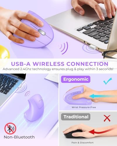 Lekvey Ergonomic Mouse, Rechargeable Wireless Vertical Mouse, Light Purple - Image 3