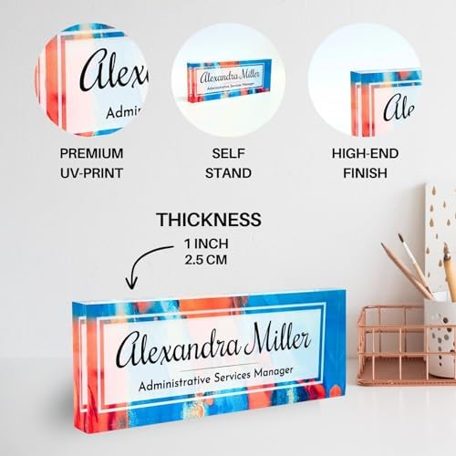 Customized Clear Acrylic Thick 8x3" Desk Name Plate Block with Personalized Logo - Professional Office Decor - Customized Acrylic Plate Gift for Teacher Co-workers (Orange-Blue Dream) - Image 2