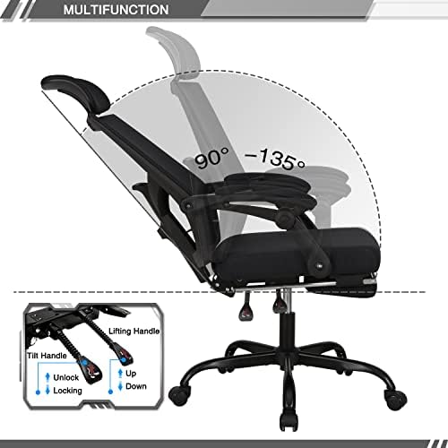 Qulomvs Mesh Ergonomic Office Chair with Footrest Home Office Desk Chair with Headrest and Backrest 90-135 Adjustable Computer Executive Desk Chair with Wheels 360 Swivel Task Chair - Image 3