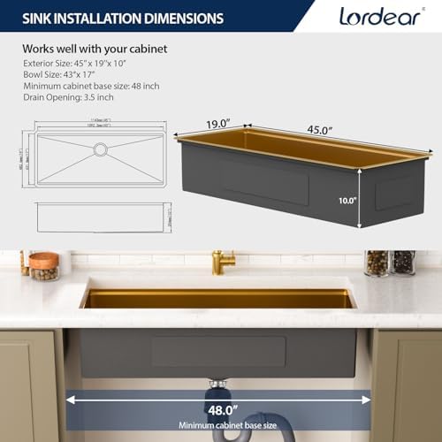 Lordear Luxury 45 Inch Gold Undermount Kitchen Sink Large Ledge Workstation T304 16 Gauge Stainless Steel Single Bowl Under Counter Gold Kitchen Sink with Built-in Accessories 45''x19''x10'' - Image 6