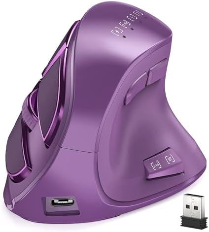 Vertical Mouse, Wireless Ergonomic Optical Mouse (BT 5.0 + Bluetooth 3.0 + USB Connection) with 9 Buttons, Rechargeable Computer Mouse for Wins PC/Laptop, Mac (Purple) by ATTOE