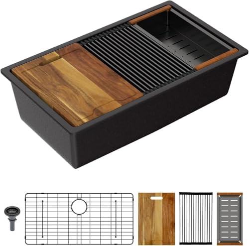 Lordear 30 Inch Black Granite Composite Kitchen Sink Workstation 30x19 Matte Black Undermount Quartz Sinks Under Counter Single Bowl Sink with Black Accessories by LORDEAR