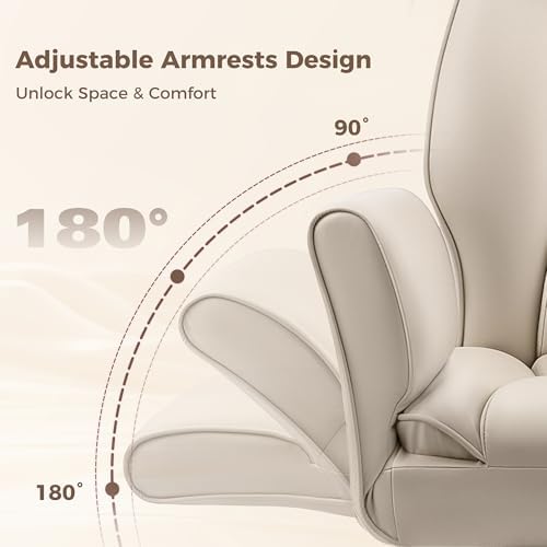 Big and Tall Office Chair, Flip Armrests for Pets & Cross Legged Sitting, Ergonomic Leather Executive Desk Chair with Foot Rest, High-Back Reclining Computer Chairs for Home Office Gaming, Beige - Image 4