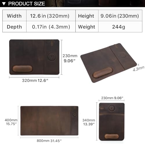 Hiram Premium Crazy Horse Leather Mouse Pad with 15W Wireless Charging - Ergonomic Wrist Rest, Waterproof, and High-End Cowhide Touch(12in x 9in) - Image 3