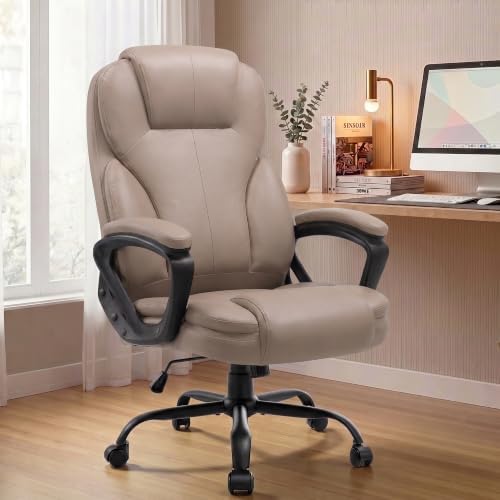 Ergonomic Office Chair with High Back, Comfy Desk Chair, Adjustable Executive Office Chair for Home Office, Big and Tall Computer Chair Heavy Duty, 360° Swivel, Faux Leather, Taupe Beige by Meilocar