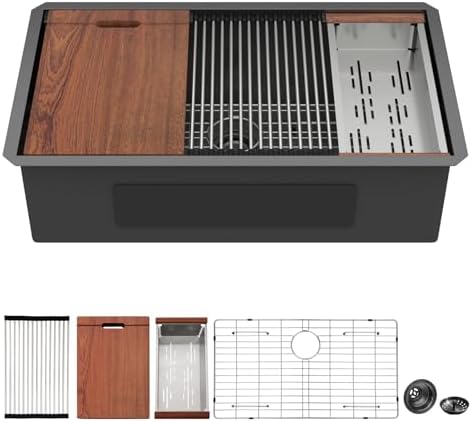 Mocoloo 33 Inch Undermount Kitchen Sink - 33 x 19 Black Stainless Steel Sinks Ledge Workstation 16 Gauge Deep Single Bowl Handmade NANO-PVD Under Counter Gunmetal Black Kitchen Sink by MocolooHome