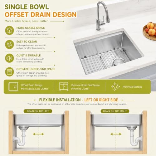 23" X 18" Undermount Kitchen Sink Offset Drain with Workstation - Image 3