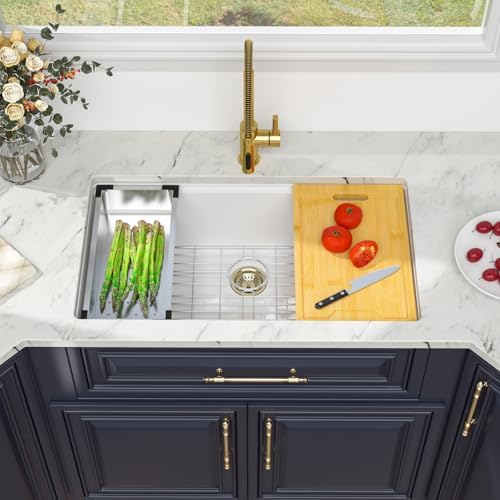 Kichae 32 White Granite Composite Undermount Kitchen Sink Deep Workstation - Image 4