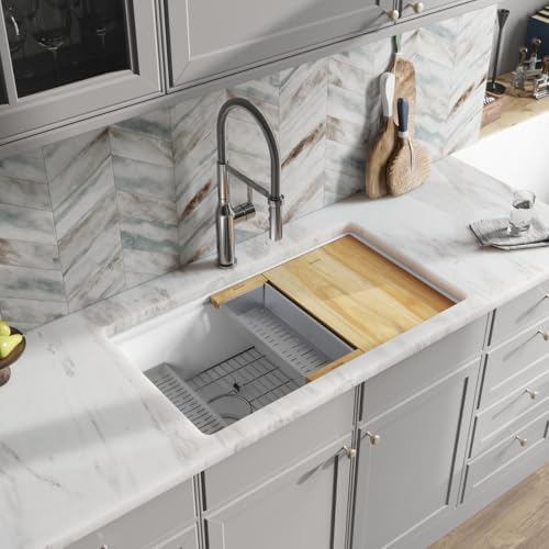 Elkay ELXRU13322W Quartz Luxe 33" Undermount Single Basin Quartz Composite Workstation Kitchen Sink with Basin Rack, Colander and Cutting Board - Sandstone - Image 6