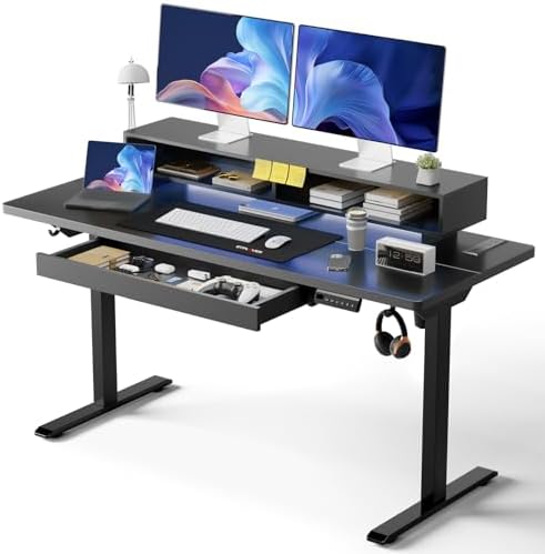 GTPLAYER Electric Standing Desk with Drawers, 55 x 24 Inch Height Adjustable Gaming Desk with Monitor Stand, Power Outlets & LED Lights, Home Office Sit Stand Up Desk with Memory Preset (Ebony Black) by GTPLAYER