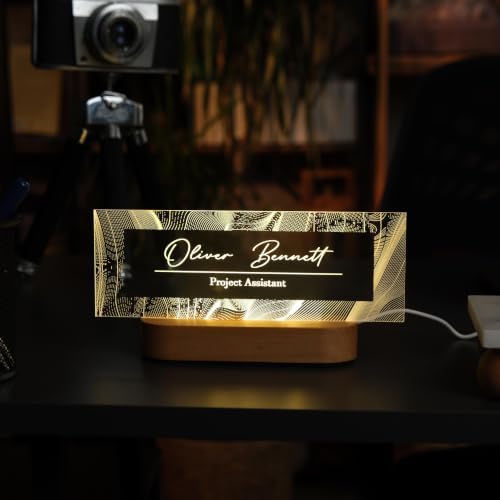 Personalized LED Desk Name Plate Custom Acrylic Office Name Sign with Wooden Base - Image 2