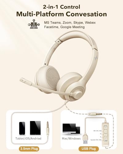JIAMQISHI USB Headset with Microphone for PC, On-Ear Computer Laptop Headphones with Noise Cancelling Mic in-line Control for Home Office Online Class Zoom (USB+3.5mm, Apricot) - Image 5