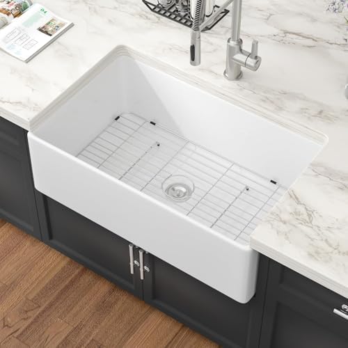 White Farmhouse Sink 33 Inch Fireclay Apron Front Farm Sinks Drop In Undermount Large Deep Farm Country Style Single Bowl Farm Sinks with Luxury Accessory, 33"x20"x10" by Couoko