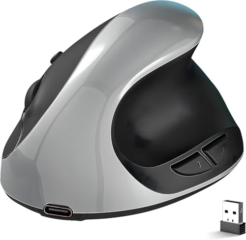 Ergonomic Mouse,Rechargeable Small Vertical Mouse with 6 Buttons Adjustable 800/1200/1600 DPI Purple Wireless Mouse for Laptop, Desktop, PC, MacBook (Gray) by ATTOE