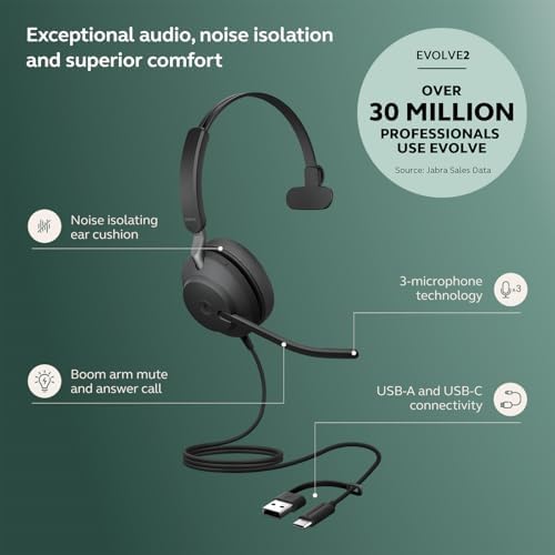Jabra Evolve2 40 SE (2026 Version) Wired Mono Noise-Cancelling Headset - Features 3-Microphone Call Technology and USB-C/A Cable - UC, All Platforms - Black - Image 2