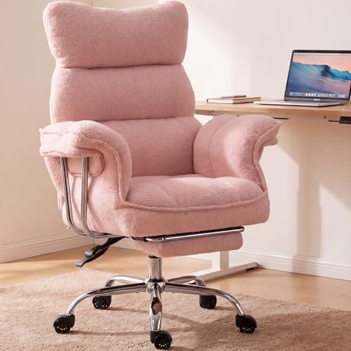 Dowinx Big and Tall Office Chair, Ergonomic Desk Chair with Thick Cushion, Wide Seat & Armrests Computer Gaming Chair,High Back Reclining Teddy Fleece Criss Cross Chair with Foot Rest, Pink by Dowinx