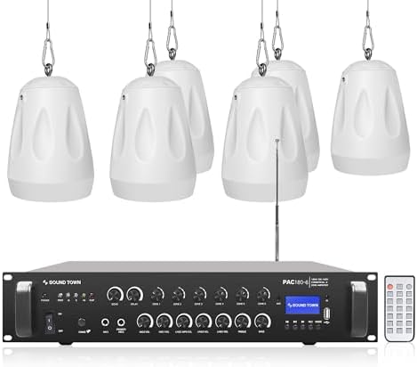 Sound Town Commercial Restaurant Bluetooth Amplifier + Pendant Speaker Set, with One 6-Zone 70V/100V Amplifier with Bluetooth, 6 x All-Weather 4-Inch Pendant Speakers, White (PAC180X6PD4W) by SOUNDTOWN