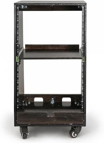 Sound Town DIY Slanted 16U Studio Rack (8U Top + 8U Lower) with 2U Bottom Storage, Slide-Out Tray, Casters, for Home Studio and Recording Room, Birch Plywood, Black Espresso (SDRK-ST16TD) - Image 2