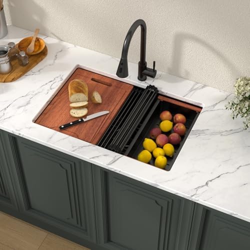Lordear 28x18 Matte Black Kitchen Sink - 28 Inch Undermount Kitchen Sink Ledge Workstation Black T304 16 Gauge Stainless Steel Single Bowl Under Counter Kitchen Sink Basin with Built- in Accessories - Image 2