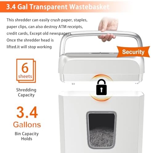 Bonsaii Low Noise Operation Paper Shredder, 6-Sheet Cross-Cut, Credit Card Shredder, Home Office, Handle for Document, Mail, Staple, 3.4 Gal Wastebasket, Easy-Carry Handle, White - Image 4