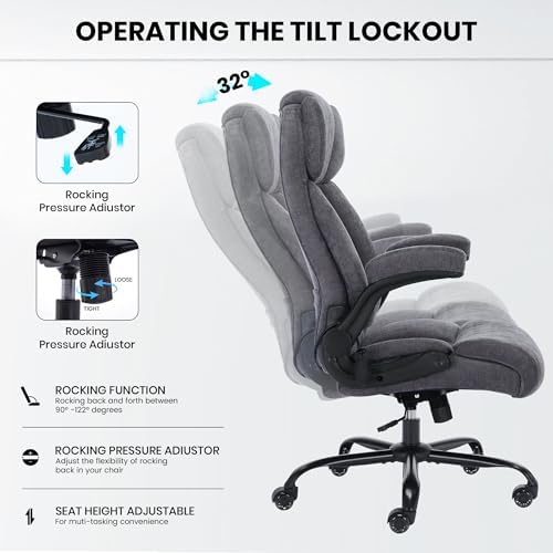 500lbs Big and Tall Office Chair Adjustable Lumbar Support for Back Pain, Extra Wide Seat Executive Office Chair Thick Armrest Pad, Heavy Duty Base&Upgraded Wheels, Ergonomic Desk Chair (Grey) - Image 4