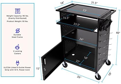 Line Leader Stellar AV Cart | Computer Cart with Pegboard Siding & 12 Hooks for Customizable Storage | Locking Cabinet & Pullout Keyboard Tray | UL Safety Certified Power Outlets | Locking Wheels  - Image 6