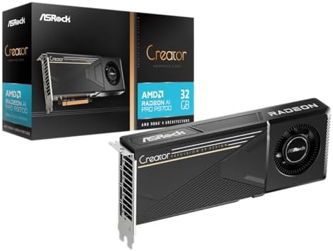 ASRock Radeon AI PRO R9700 Creator 32GB Professional Graphics Card, 2920 MHz Boost Clock, GDDR6, AMD RDNA 4, AI-Accelerators, DisplayPort 2.1a, PCIe 5.0, Blower Cooler by ASRockAmerica