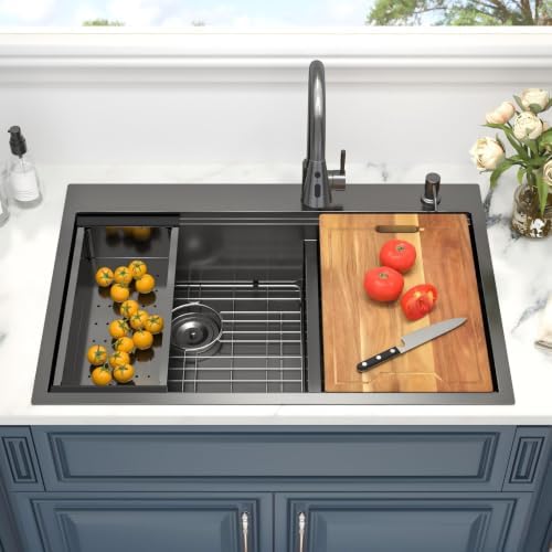 33 x 22 Black Kitchen Sink Drop In Stainless Double Bowl Workstation - Image 3