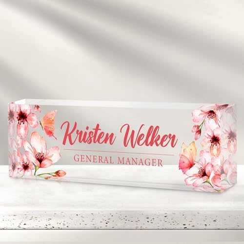 Custom Office Name Plate for Desk - Desk Name Plate Personalized Gifts for Coworkers, Boss, Employees, Teacher, Nurse - Office Desk Decor for Women Men - Employee Appreciation Gifts (Pink Flowers) by Cryphart-CustomGiftExpert