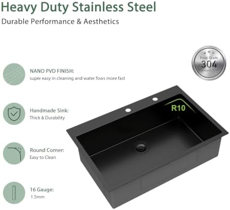33x22 Matte Black Drop In Kitchen Sink - Image 6
