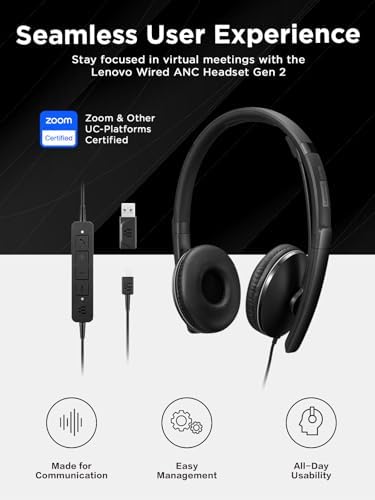 Lenovo Wired ANC Headset, USB-C and USB-A connectivity, Zoom Certified, Active Noise Cancellation, Hearing Protection, 145g Lightweight Comfortable Design, Replaceable Earcups, Business Headset - Image 5