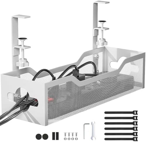 Under Desk Cable Management Tray White, Litwaro Cable Management Under Desk No Drill, Cable Organizer with Clamp for Wire Management, Cord Organizer for Office, Home No Damage to Desk by Litwaro