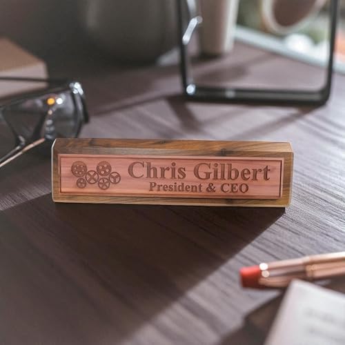 Desk Wedge Name Plate - PERSONALIZED - Gears - 11 Inches (Genuine Walnut) - Image 3