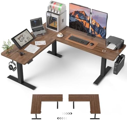 FEZIBO Triple Motors 25mm Tabletop L Shaped Standing Desk, 75" X 63" Electric Standing Gaming Desk Adjustable Height, Corner Stand up Desk with Splice Board, Black Frame/Black Walnut Top by FEZIBO