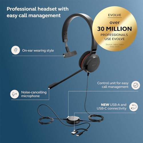 Jabra Evolve 20 SE Wired Single-Ear Headset with Microphone for Work, USB-A and USB-C Wired Headphones, Microsoft Teams Certified, Connects to Laptops, iPhone & Android Devices - Image 2