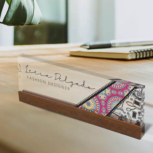 Artblox Personalized Office Desk Name Plate and Business Card Holder | Clear Acrylic Glass with Teak Wood Stand | Fashion Design Customized with Your Name and Credentials Office Desk Décor - Image 2
