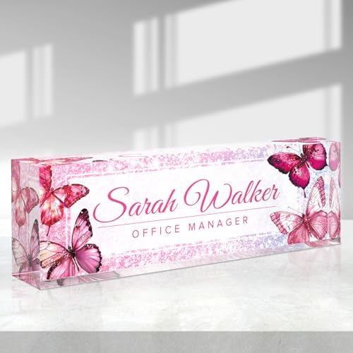 Custom Name Plate for Desk - Desk Name Plate Personalized - Acrylic Office Desk Accessories - Appreciation Gifts for Coworkers Employee Teacher Staff Boss - Office Decor for Women (Pink Butterfly B) by Purdicra