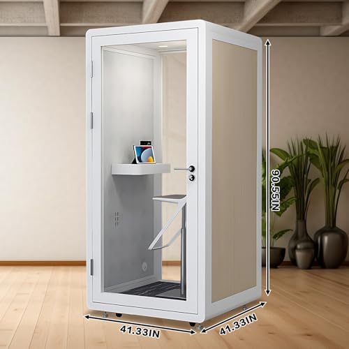 Office Pod Booth with Audio Privacy - Removable Sound Booth Includes White with Wood Grain Side Trim,Soundproof Room with Light,Fans, Socket for Singing Room,Telephone Booth (41.33IN) - Image 2