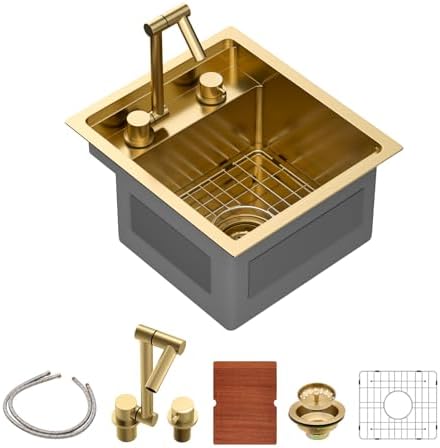 Sarlai Gold Undermount Bar Sink - 15x17 Inch Outdoor Kitchen Sink Workstation Gold 16 Gauge Stainless Steel Single Bowl Handmade Outdoor BBQ Sinks With Foldable Faucet by Sarlai