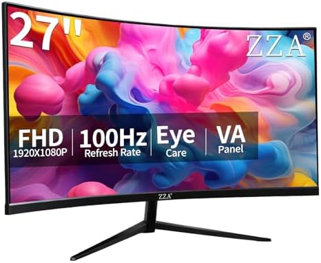 ZZA 27 inch 100Hz Curved Monitor with 1K 1920x1080 Computer Screen 27 inch FHD with HDMI,VGA and Wall Mountable|1080P Eye Care PC Office Display for Working and Gaming by ZZA