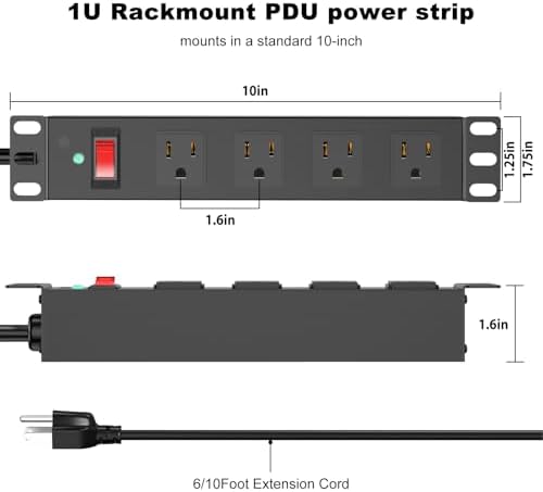 HEZI 10 Inch Rack PDU,1U Rack Mount,4 Outlets,1200J Surge Protection - Image 4