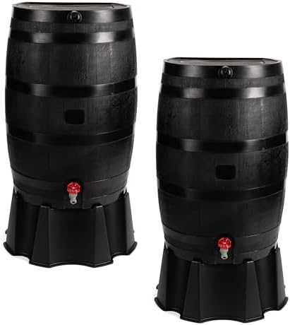 RTS Home Accents 50-Gallon ECO Rain Barrel Made with 100% Recycled Plastic, Flat Back Rain Water Collection Barrel, Stand and Link Kit Included, Black (2 Pack) by RTSCompaniesInc